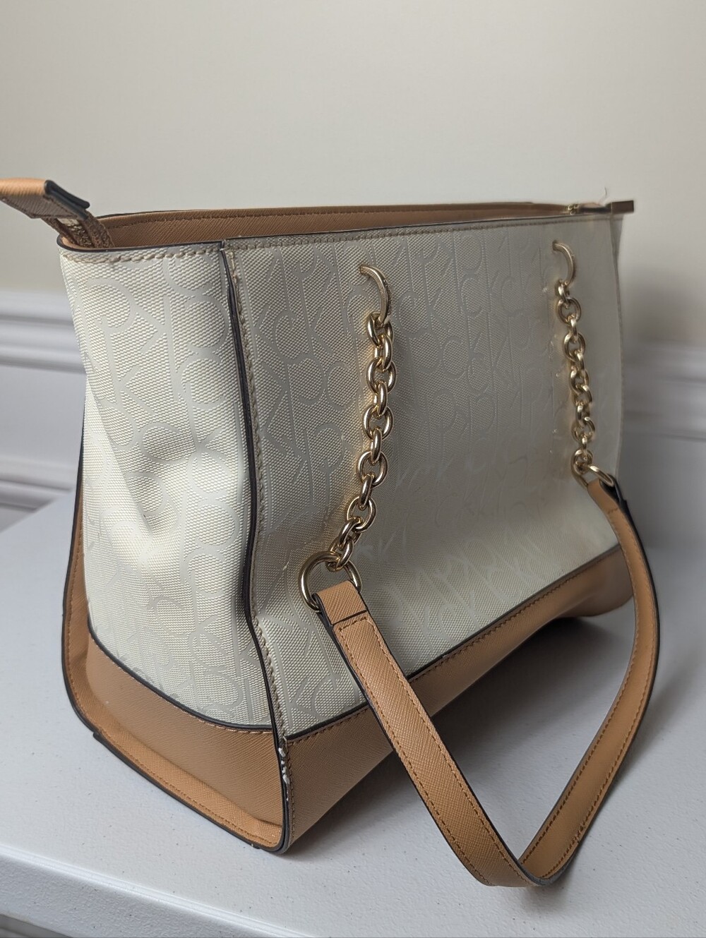 Vintage Calvin Klein Lavender Cherry Blossom Tote | Gold Zip Cherub White - Picture 8 of 8